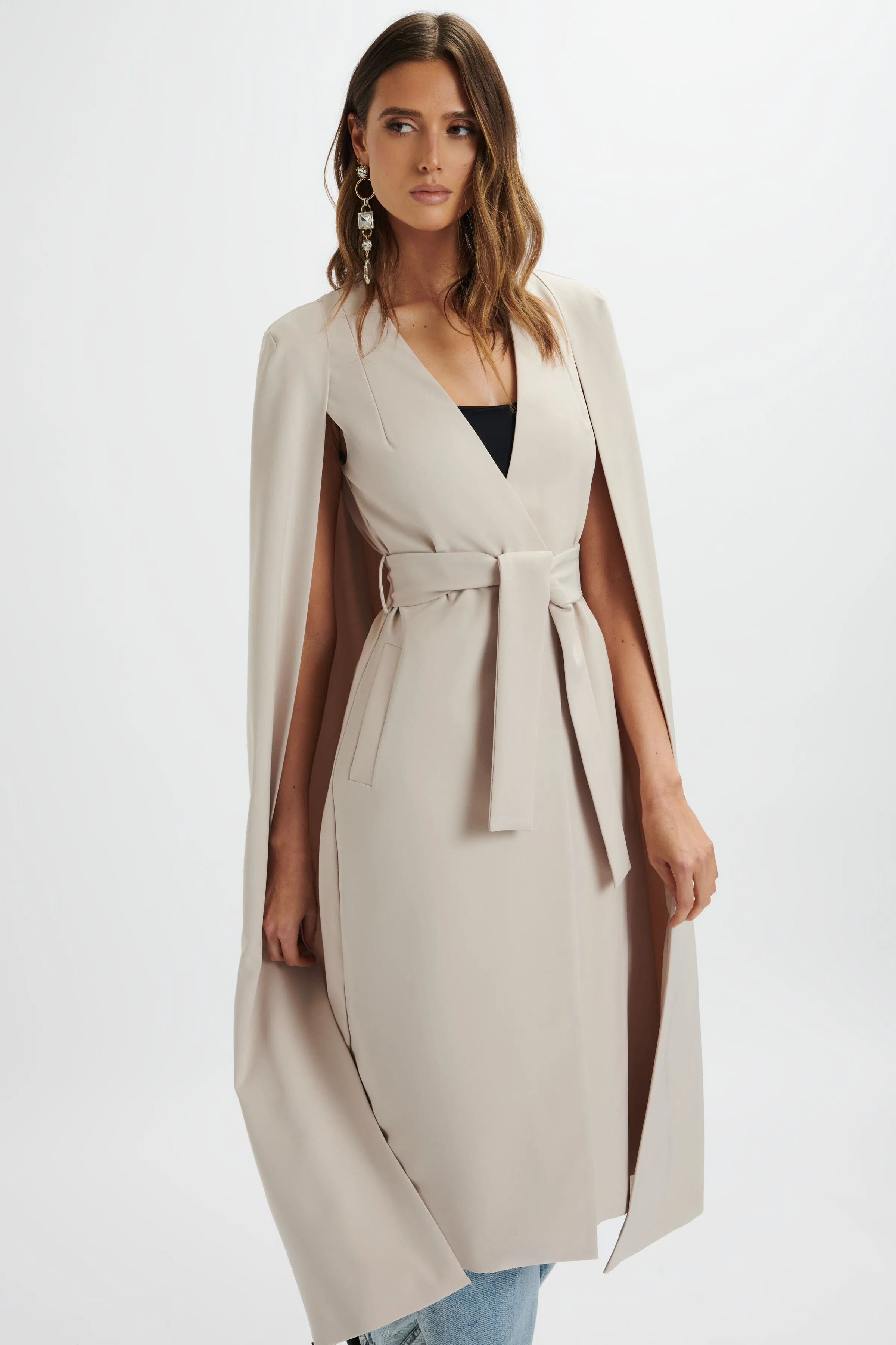 ALEXIA Longline Belted Cape Blazer In Stone