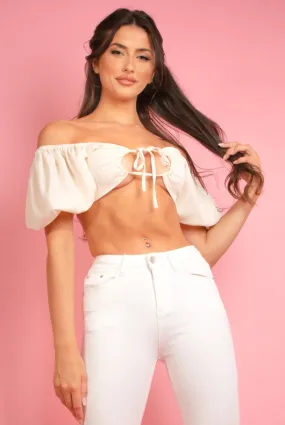 Beige Keyhole Puff Sleeve Crop Tops