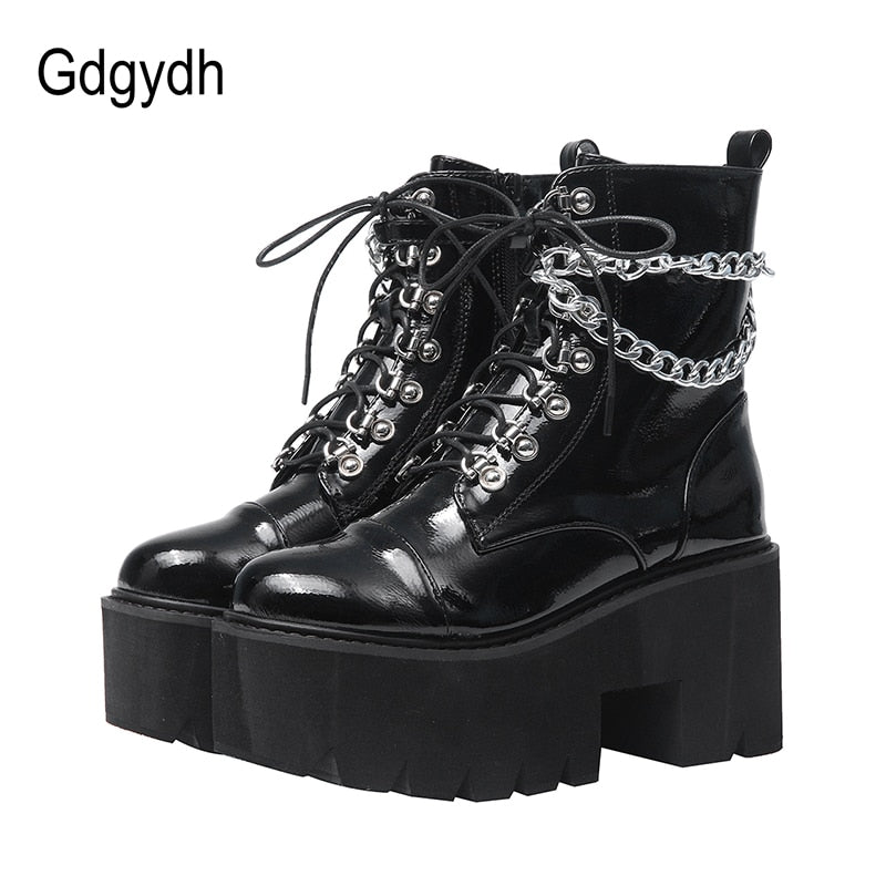 Black Boots  Chunky Heel Platform Boots Female Punk Style Ankle Boots Zipper