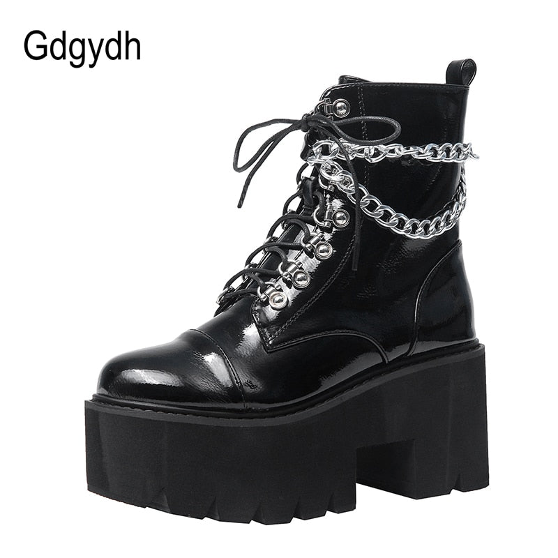 Black Boots  Chunky Heel Platform Boots Female Punk Style Ankle Boots Zipper