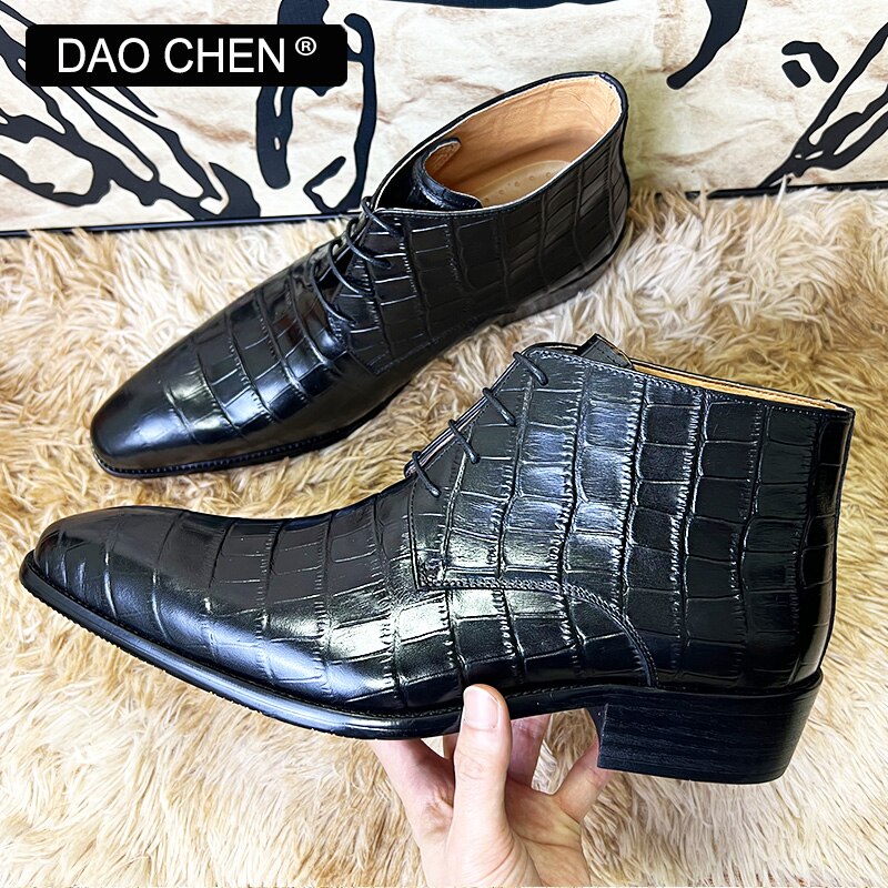 BLACK CROCODILE PRINT ANKLE LEATHER MAN BOOTS