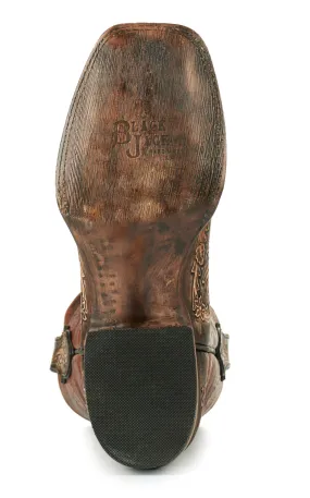 Black Jack Men's Brandy and Antique Brown Hand Tooled Wide Square Toe Cowboy Boots