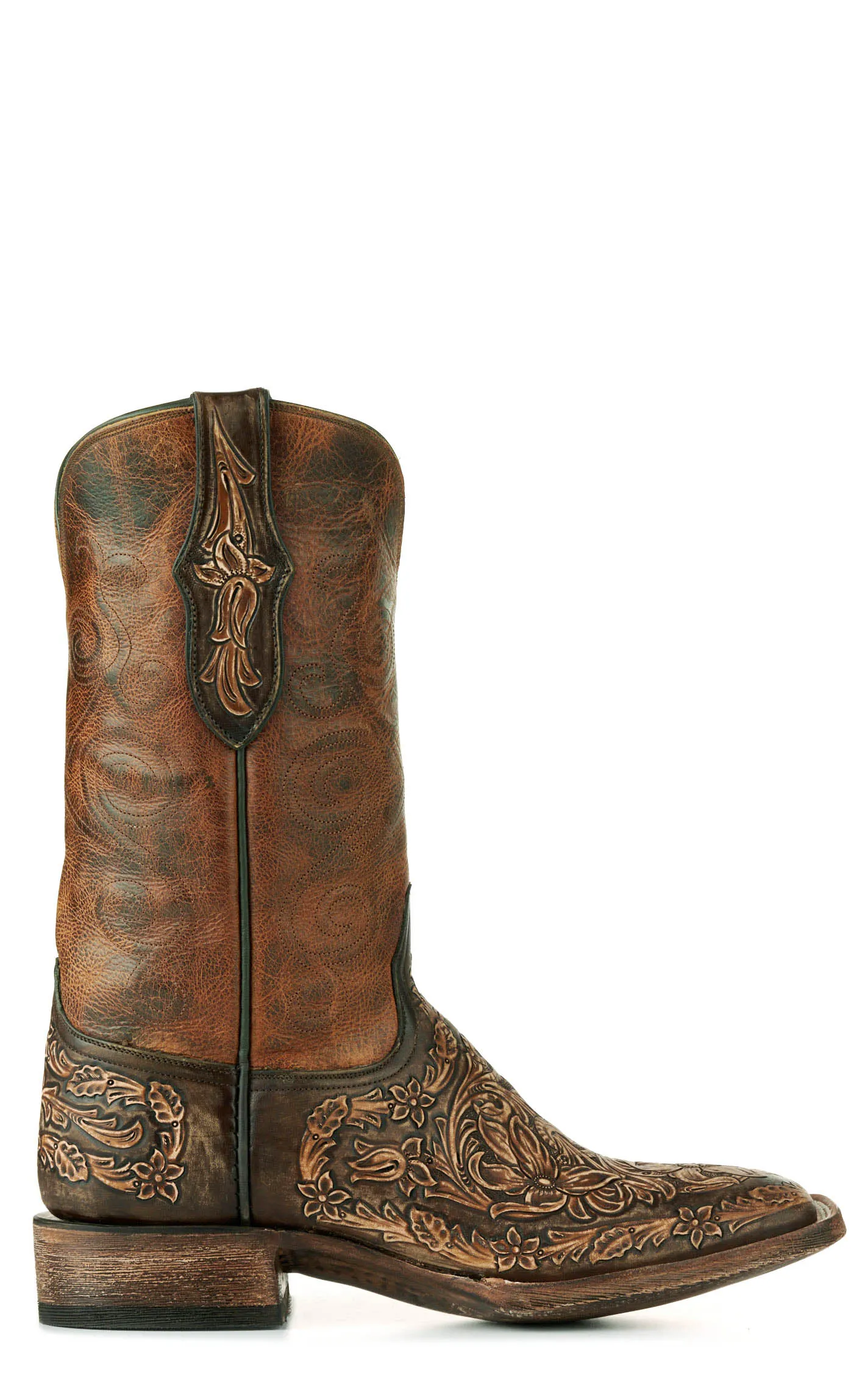 Black Jack Men's Brandy and Antique Brown Hand Tooled Wide Square Toe Cowboy Boots