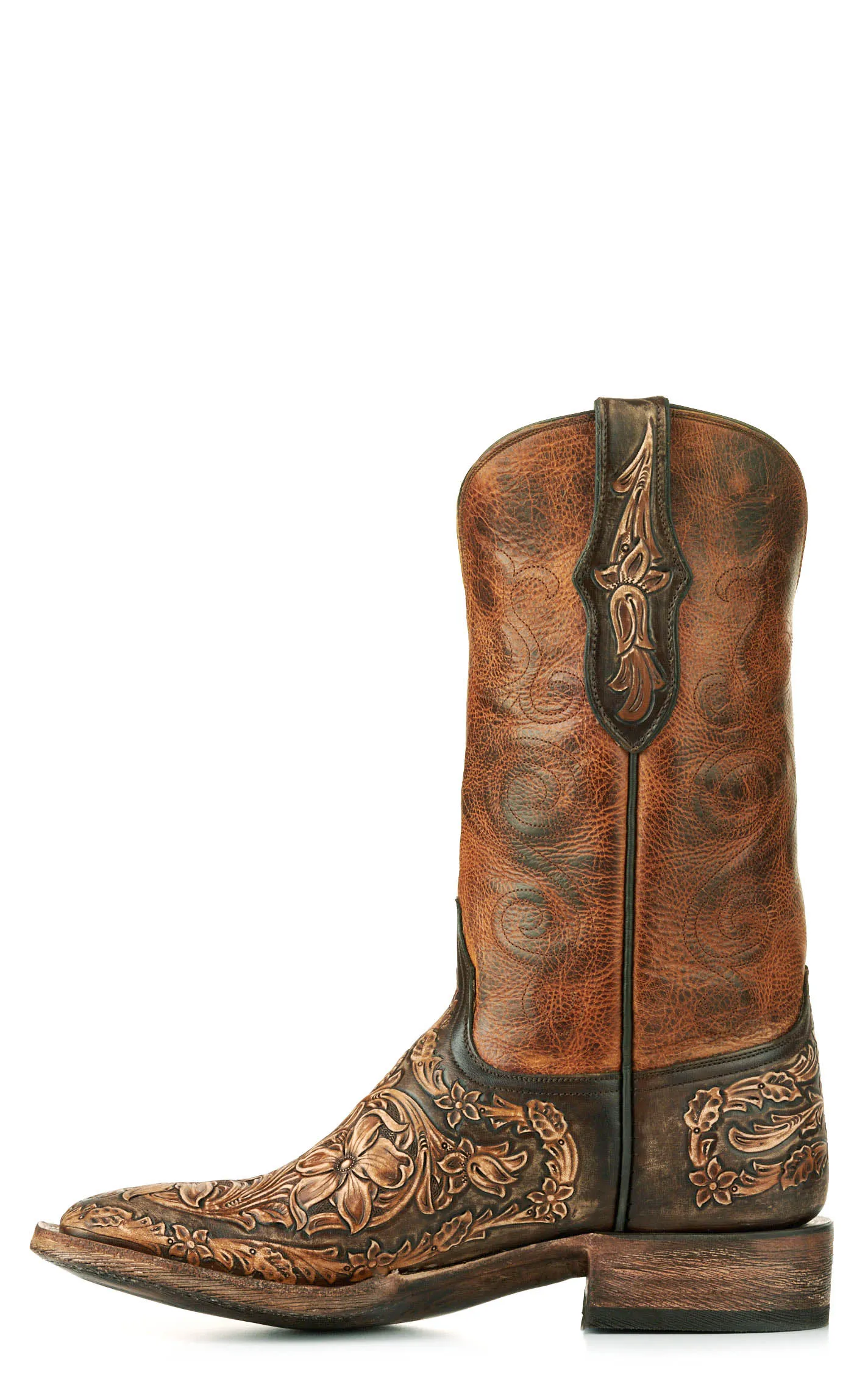 Black Jack Men's Brandy and Antique Brown Hand Tooled Wide Square Toe Cowboy Boots