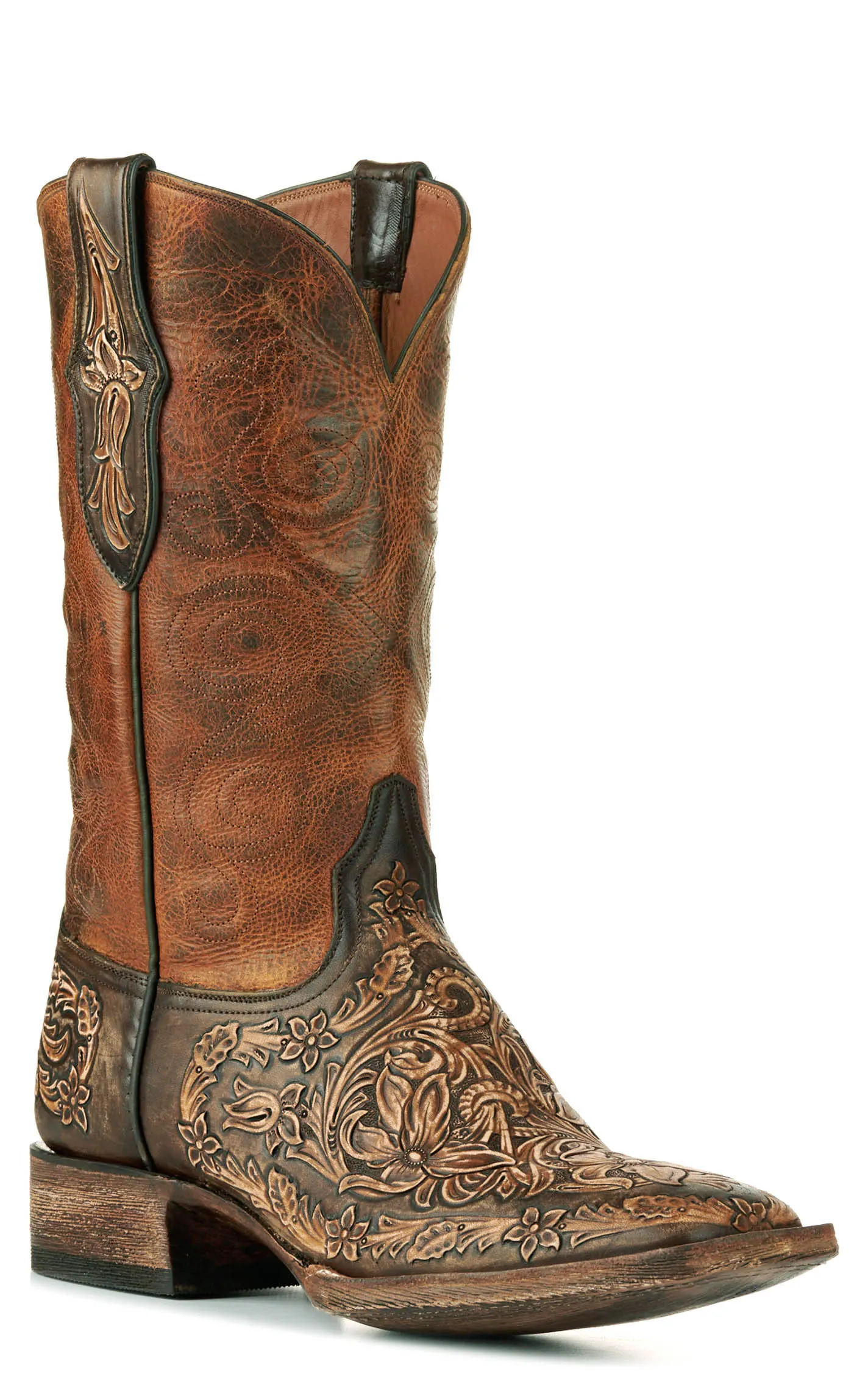 Black Jack Men's Brandy and Antique Brown Hand Tooled Wide Square Toe Cowboy Boots