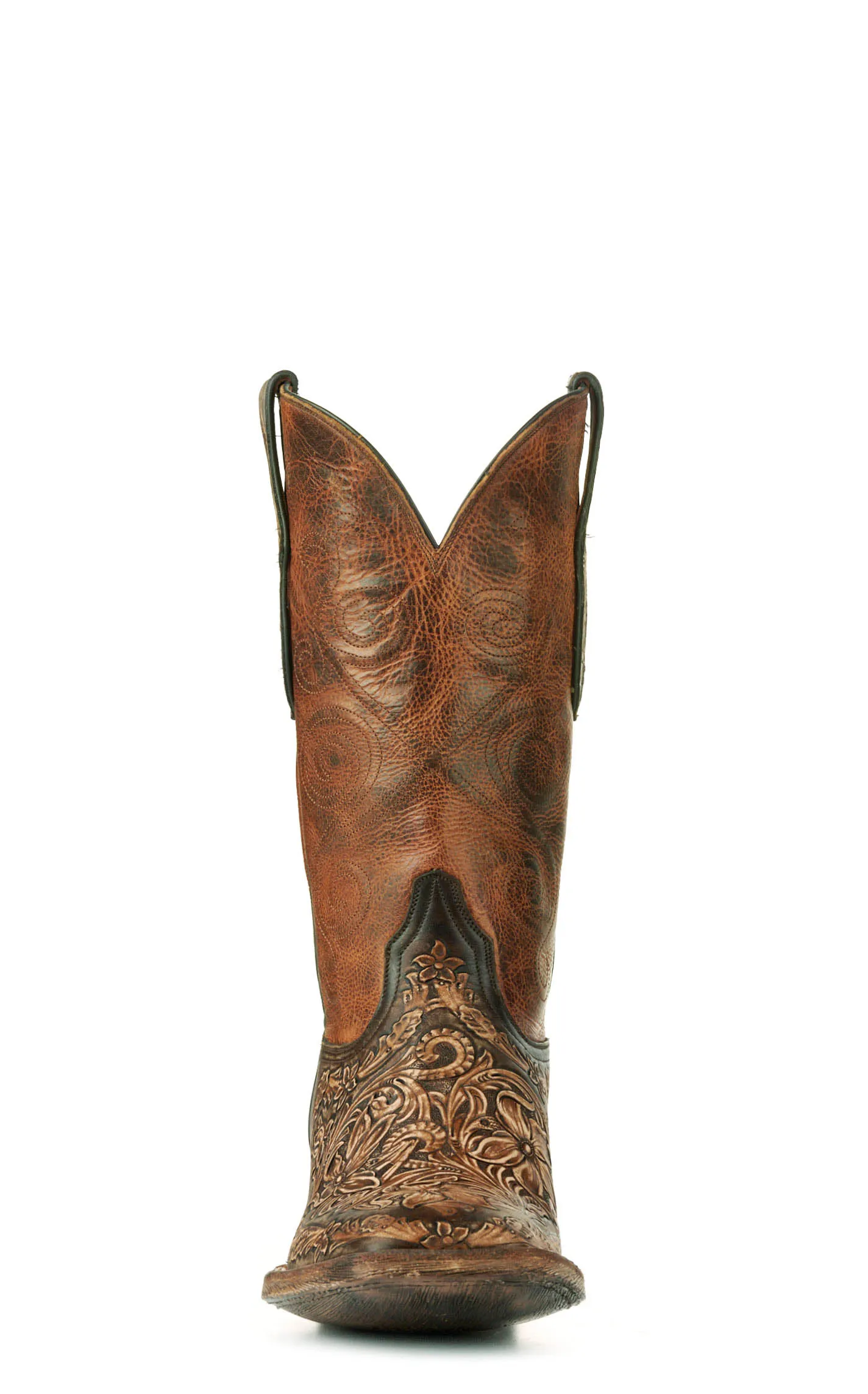 Black Jack Men's Brandy and Antique Brown Hand Tooled Wide Square Toe Cowboy Boots