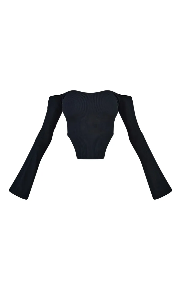 Black Rib Bardot Dip Hem Crop | Tops