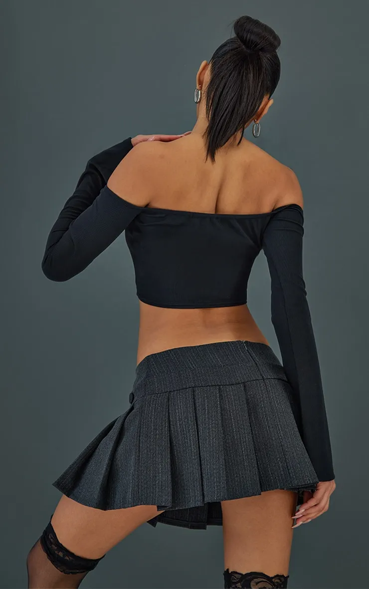 Black Rib Bardot Dip Hem Crop | Tops