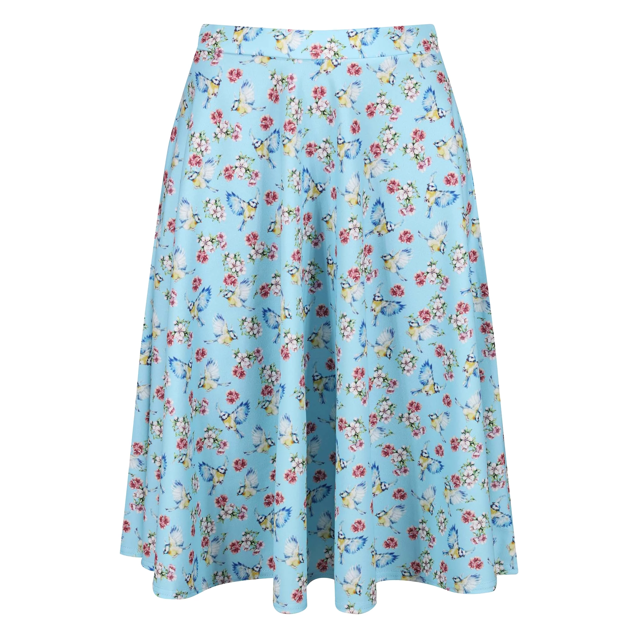 Blue Bird Floral Print 1950s Vintage Rockabilly Swing Skirt