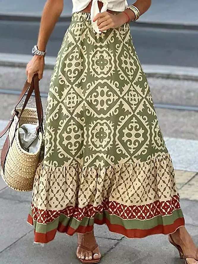 Bohemian 3-Piece Women's Summer Set with Long Skirt, Blouse, and Gold Bracelets