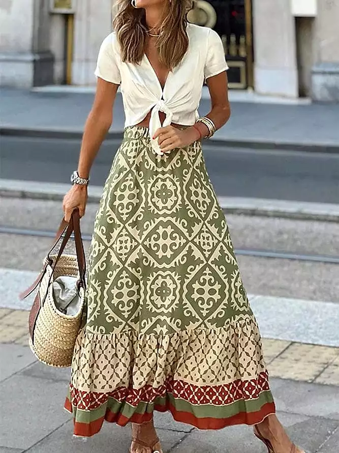 Bohemian 3-Piece Women's Summer Set with Long Skirt, Blouse, and Gold Bracelets