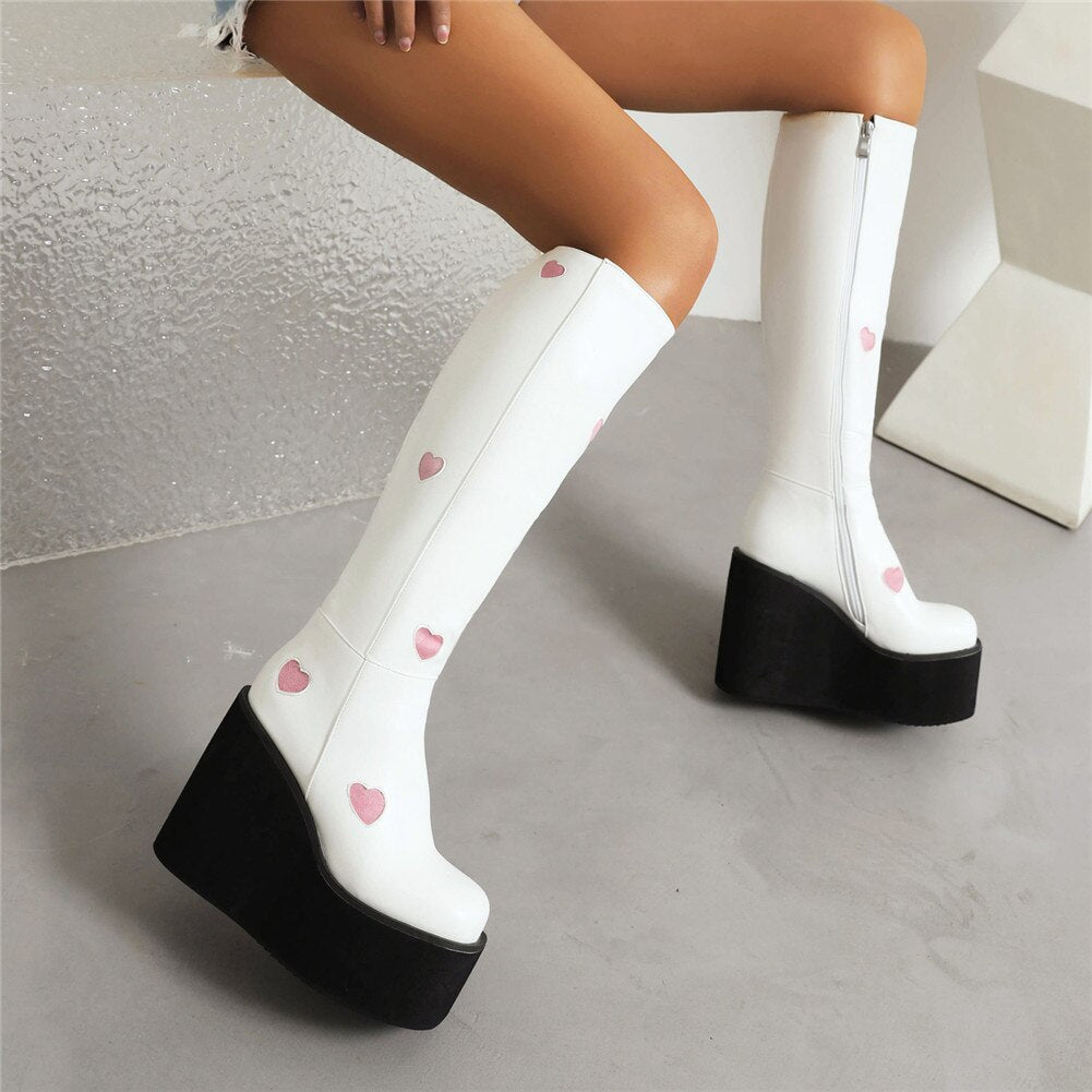 Brand New Female Platform Knee High Boots Fashion Heart Wedges High Heels boot