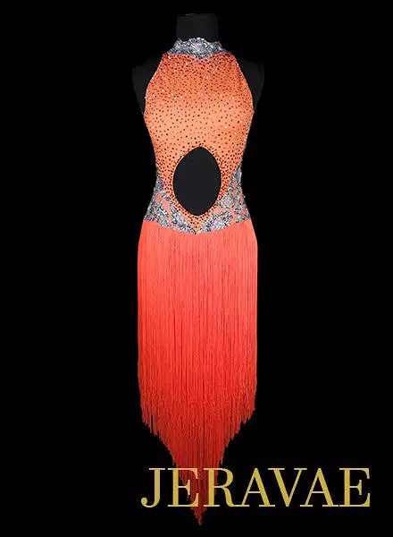 Bright Neon Orange and Gray Latin Dress with Orange Fringe and Long Skirt XS Lat102