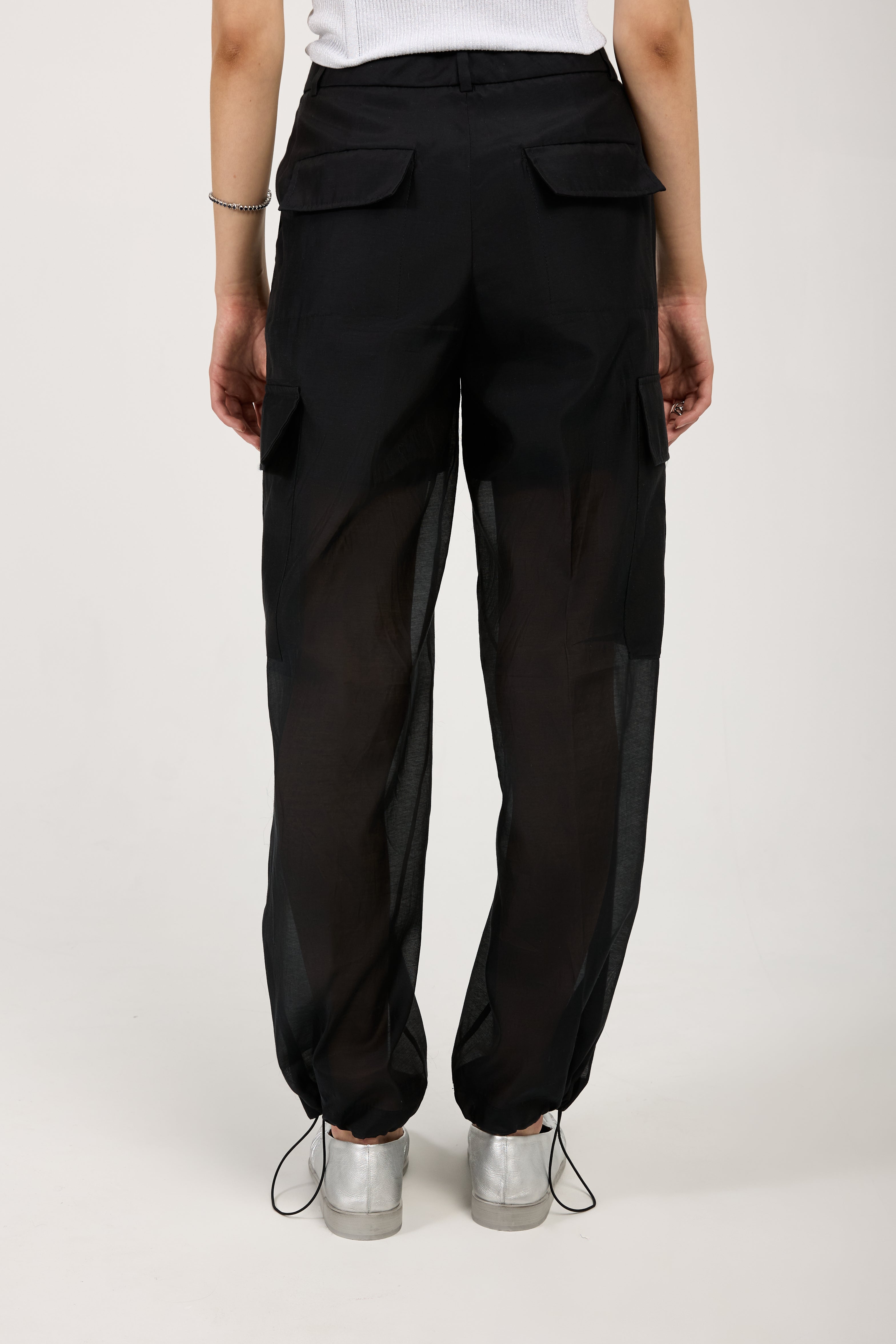 Cotton Silk Organza Cargo Pant in Black