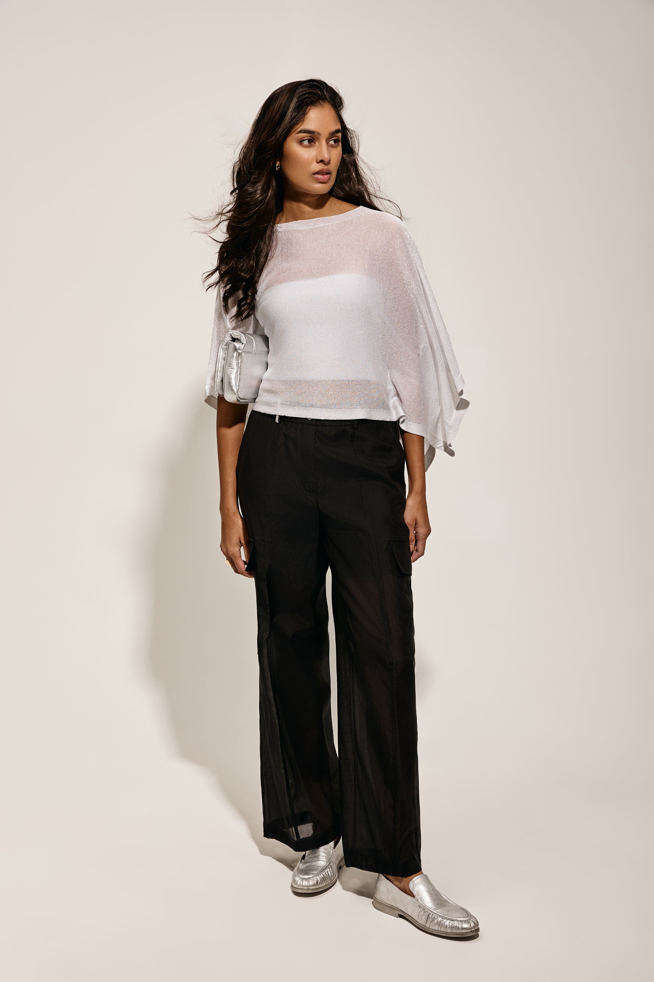 Cotton Silk Organza Cargo Pant in Black