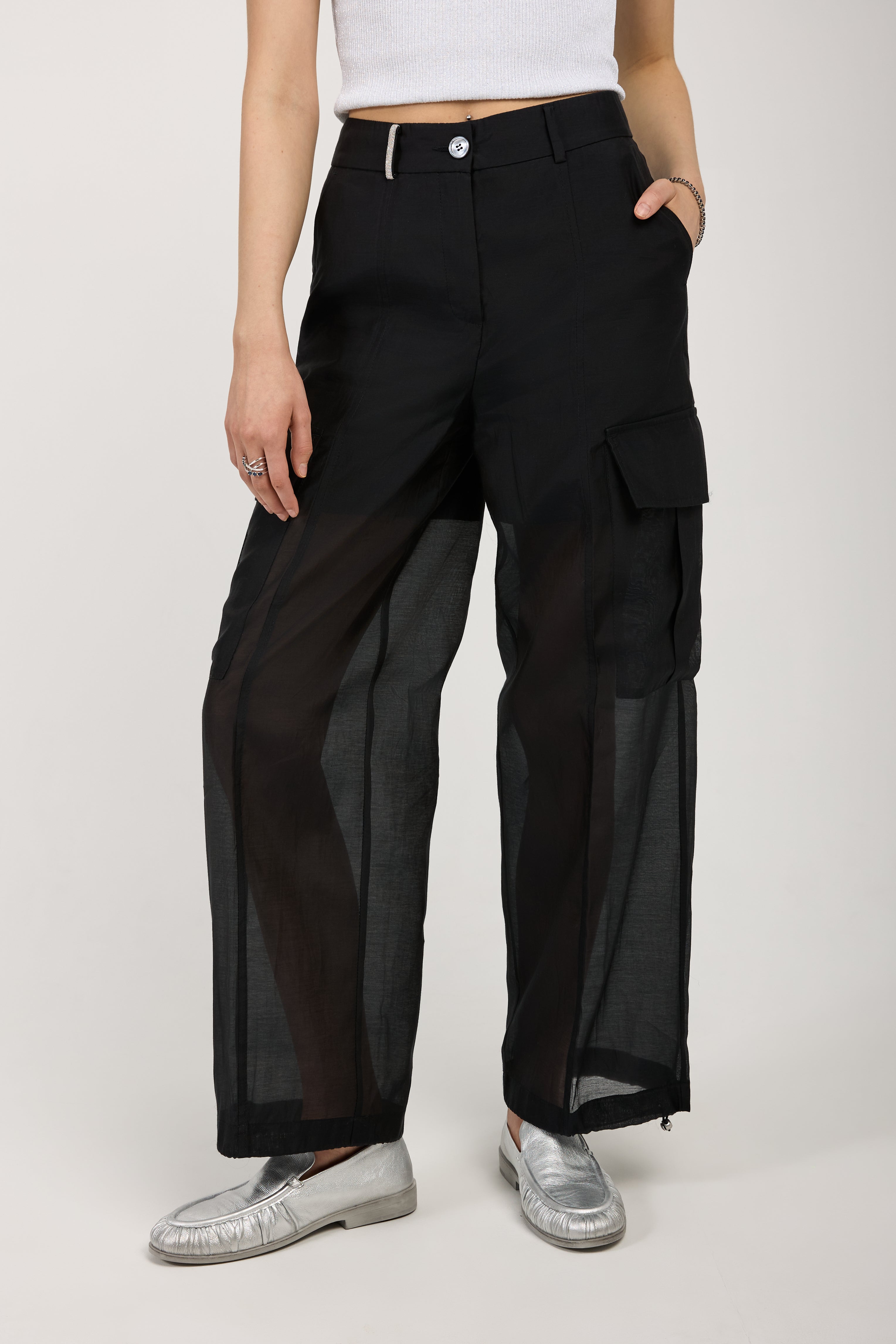 Cotton Silk Organza Cargo Pant in Black