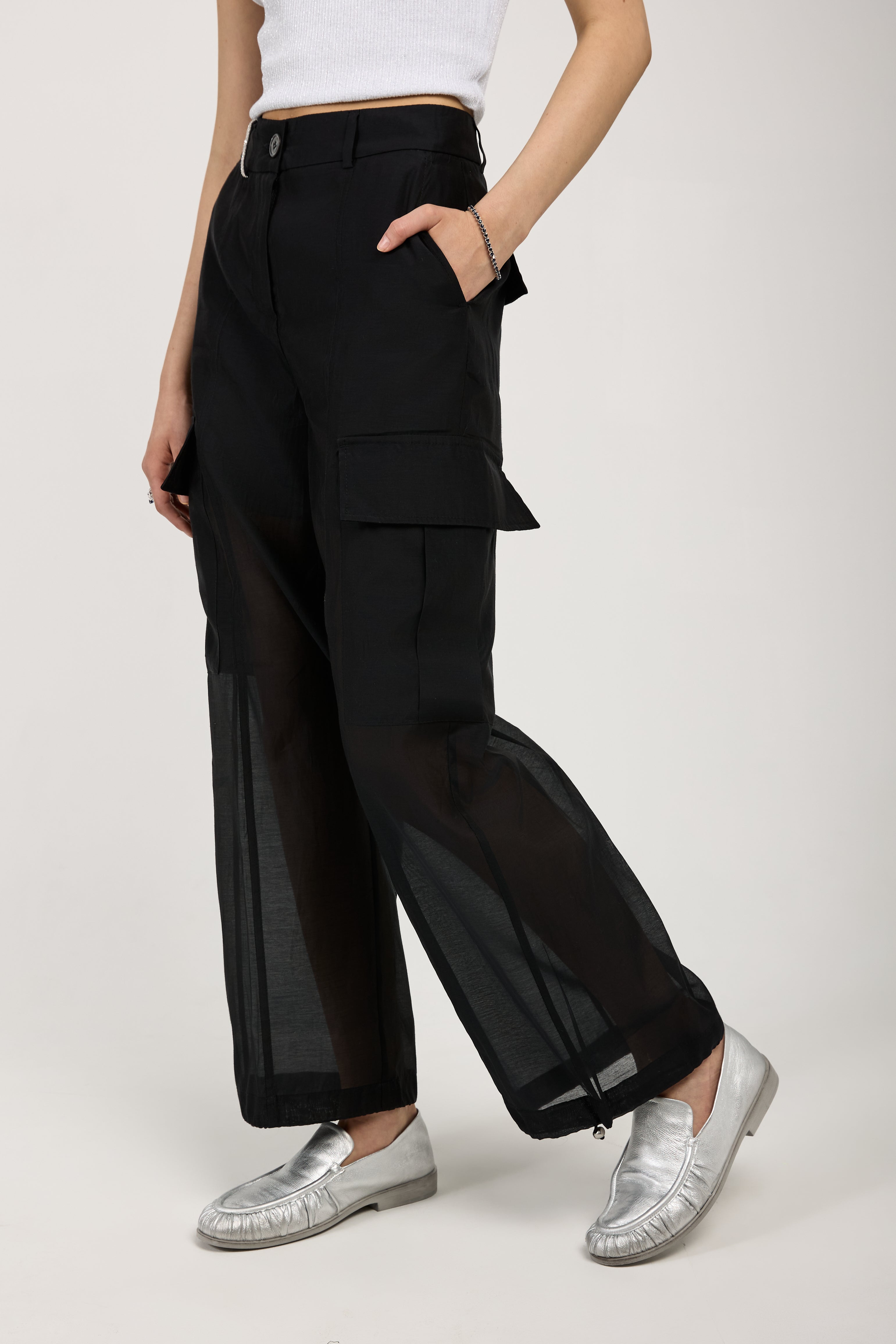 Cotton Silk Organza Cargo Pant in Black