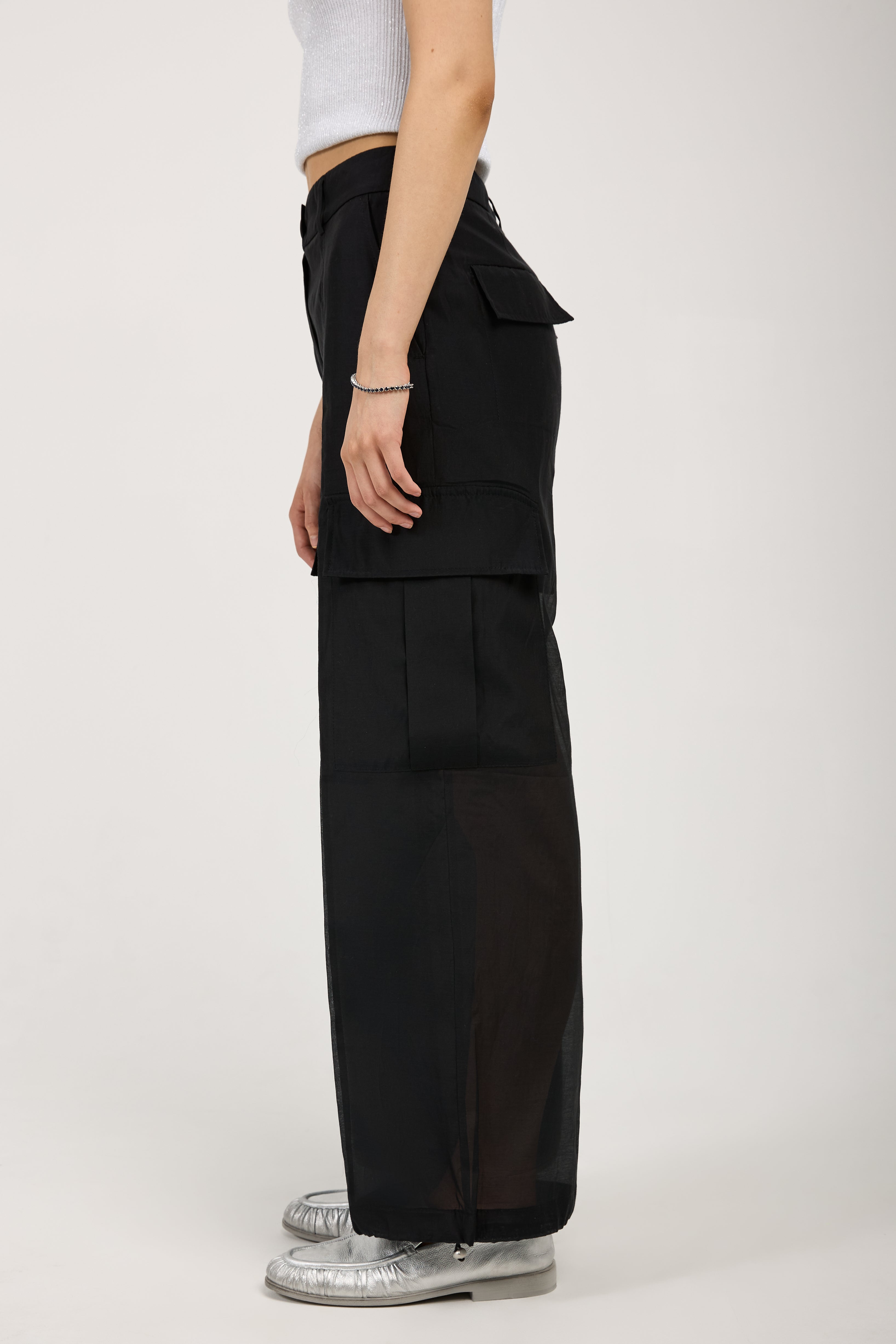 Cotton Silk Organza Cargo Pant in Black