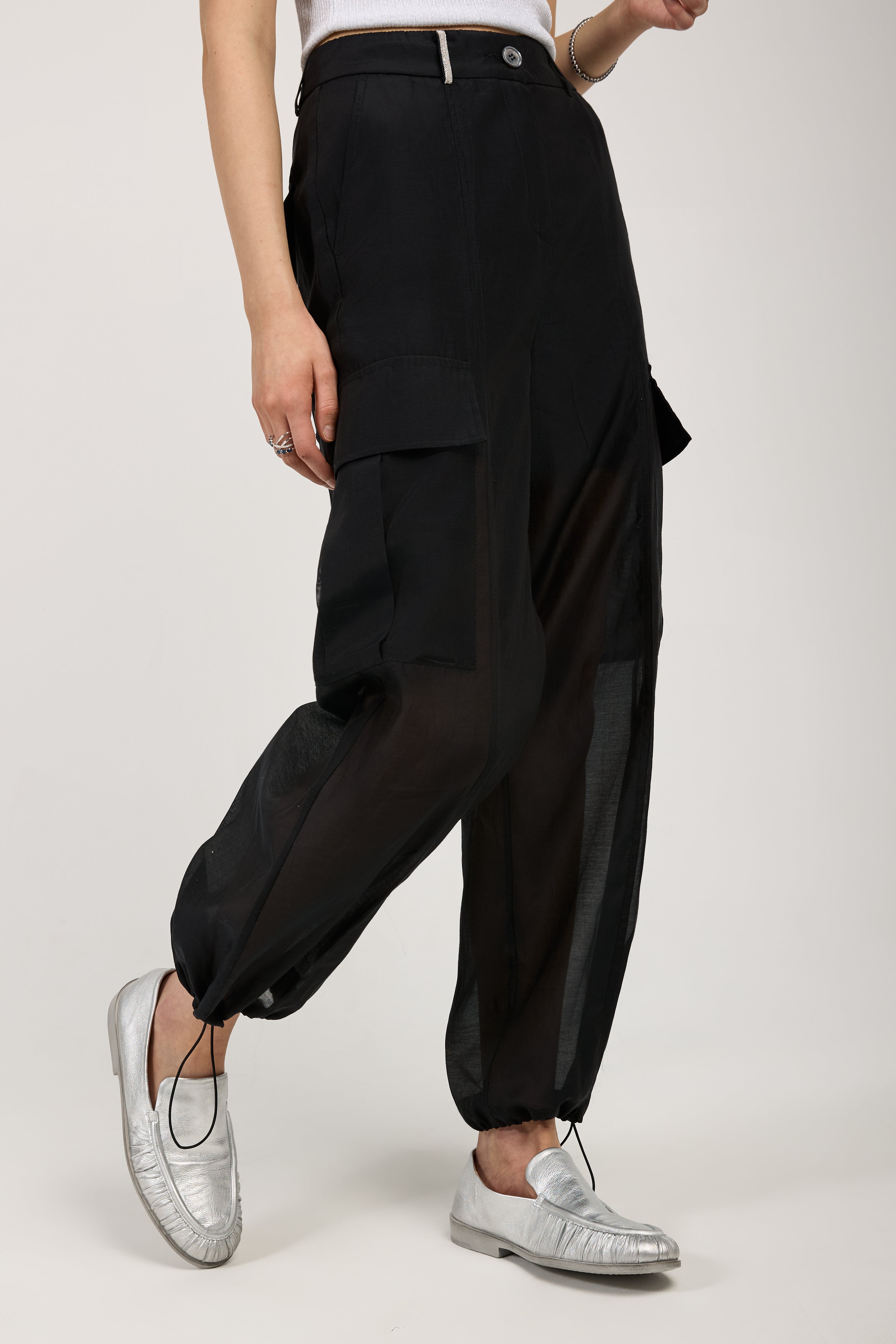 Cotton Silk Organza Cargo Pant in Black