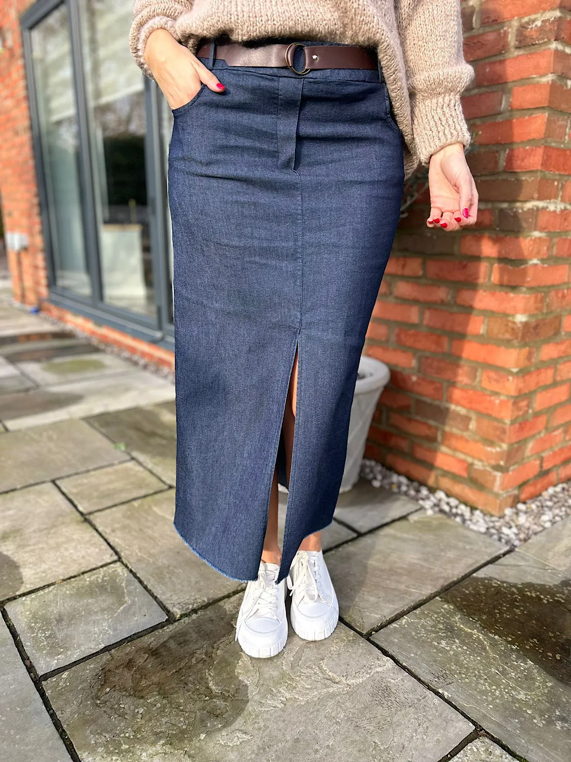 Dark Denim Raw Edge Longline Skirt