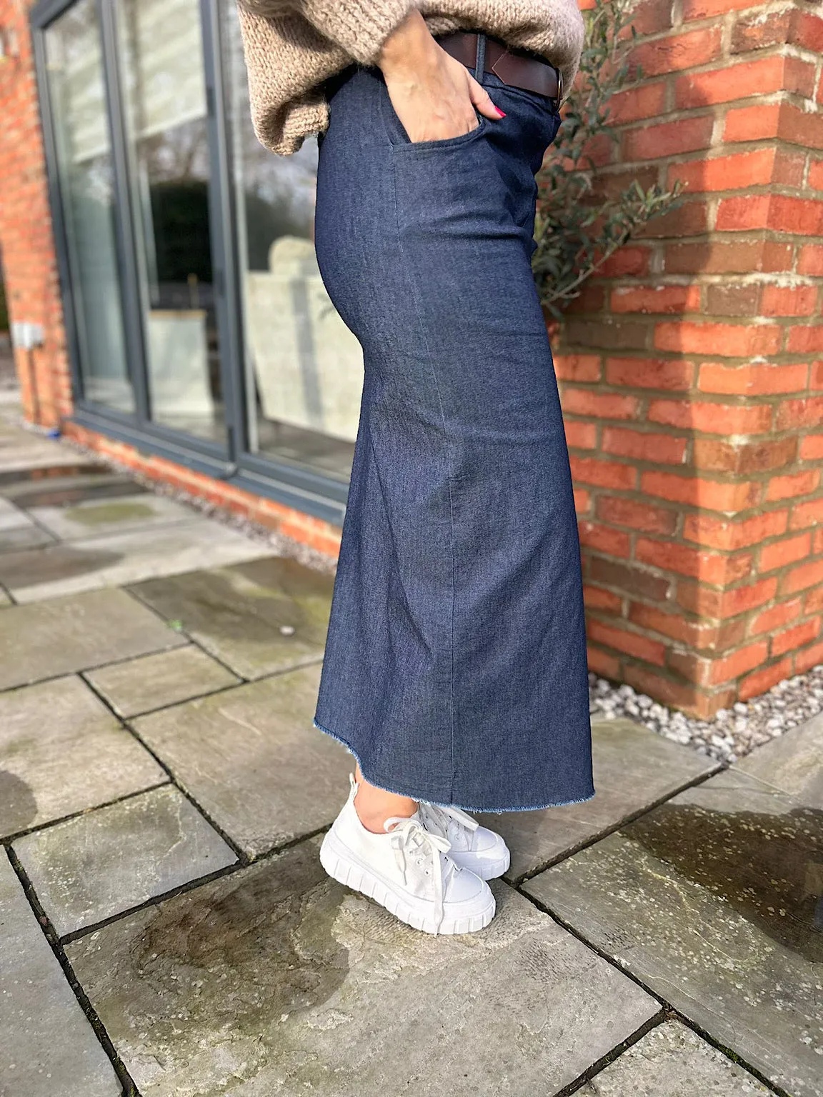 Dark Denim Raw Edge Longline Skirt