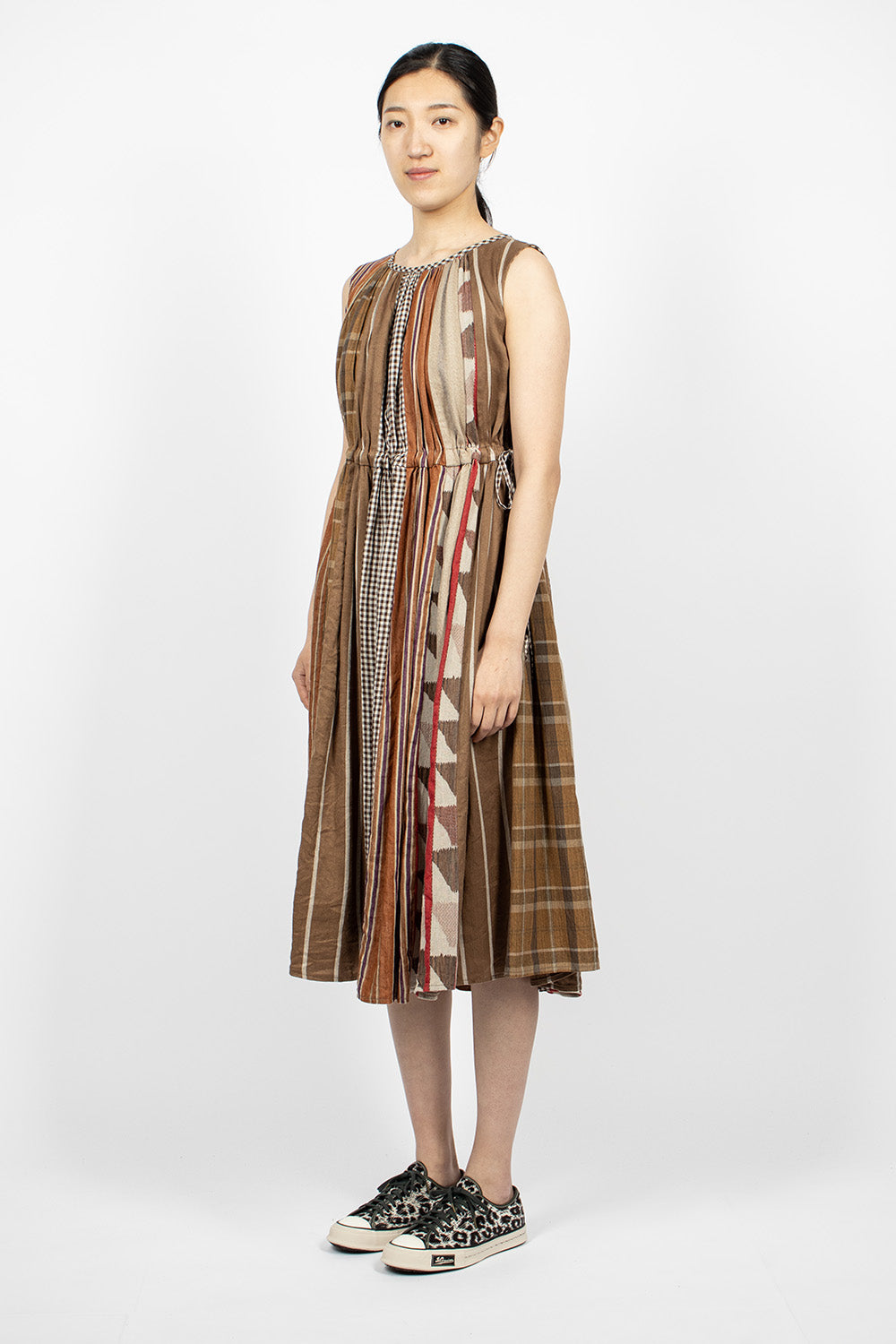 Drawstring Panel Dress Brown Stripe