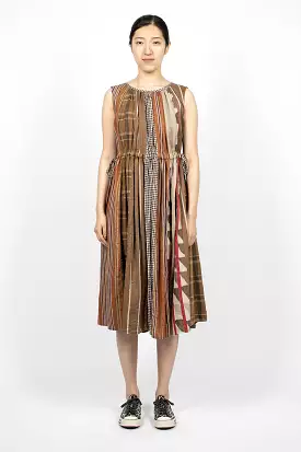 Drawstring Panel Dress Brown Stripe