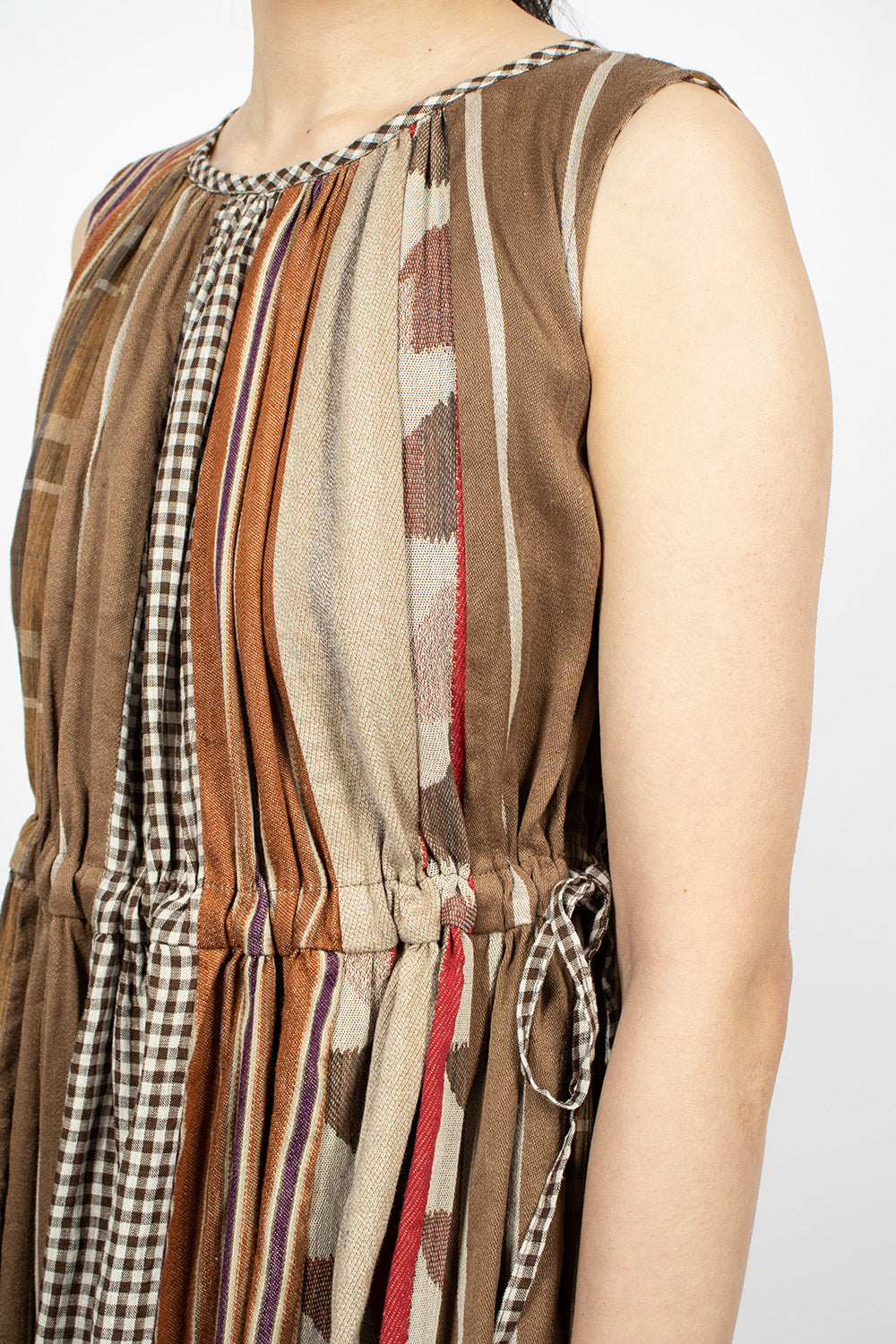 Drawstring Panel Dress Brown Stripe