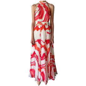 Emily Halter Long Dress in orange and pink print