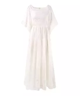 Flared Sleeve Crochet Knitted Long Dress In White