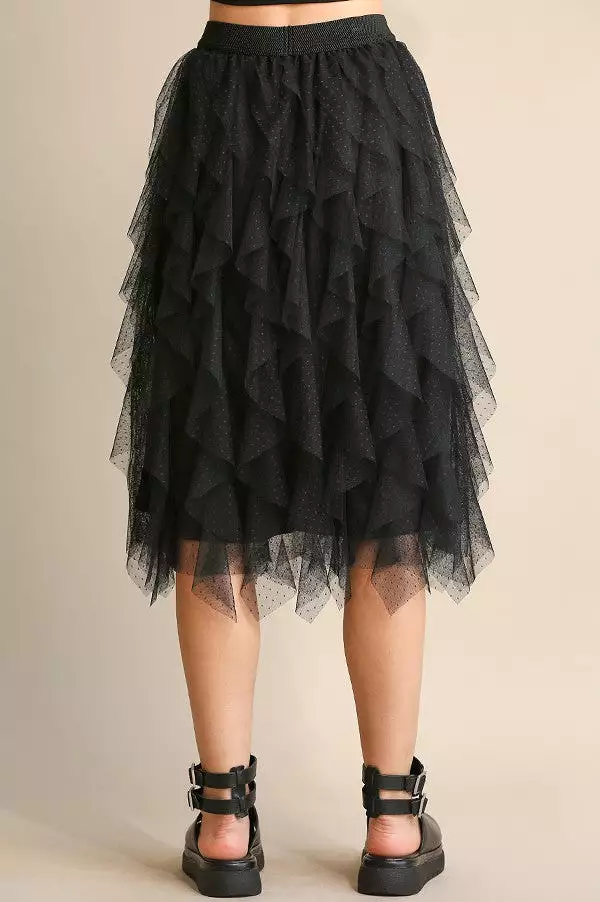 GiGio Ruffled Tulle Elastic Waist Midi Skirt