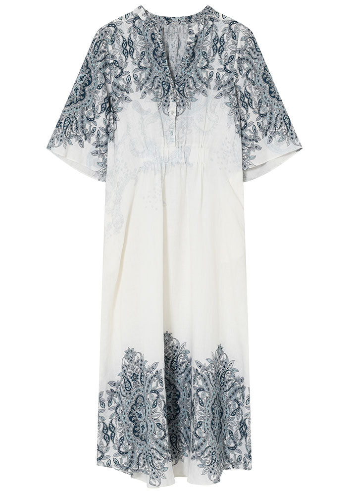 Gustav Hali long dress 53534 Kjole - White w. Blue Print