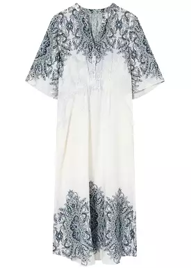 Gustav Hali long dress 53534 Kjole - White w. Blue Print