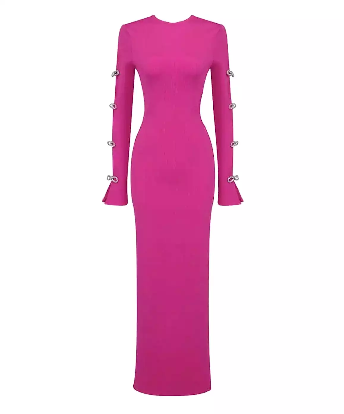 Hot Pink Slim Rhinestone Sleeve Long Dress