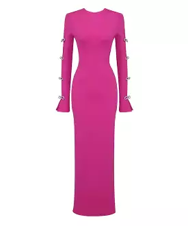 Hot Pink Slim Rhinestone Sleeve Long Dress