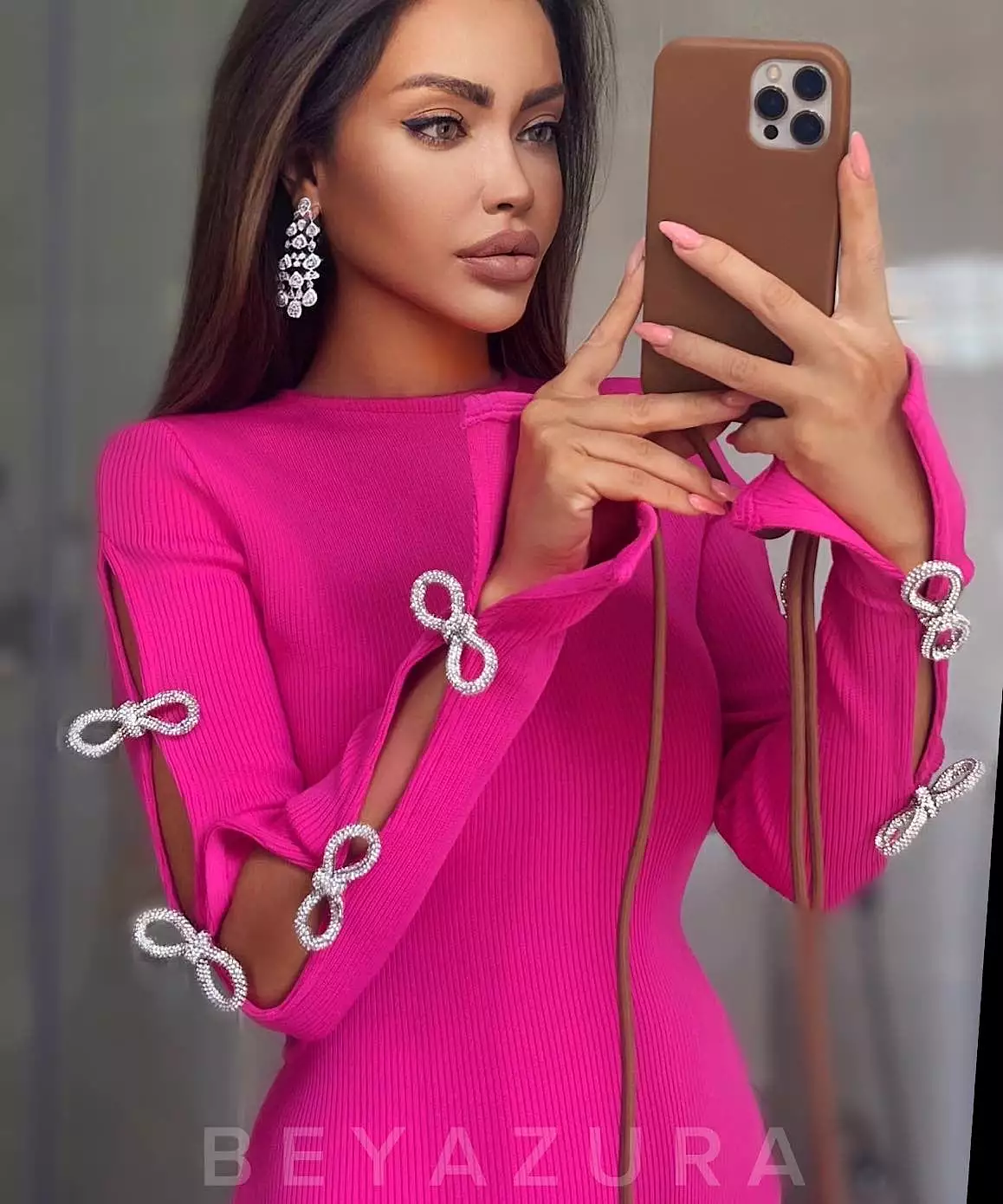 Hot Pink Slim Rhinestone Sleeve Long Dress