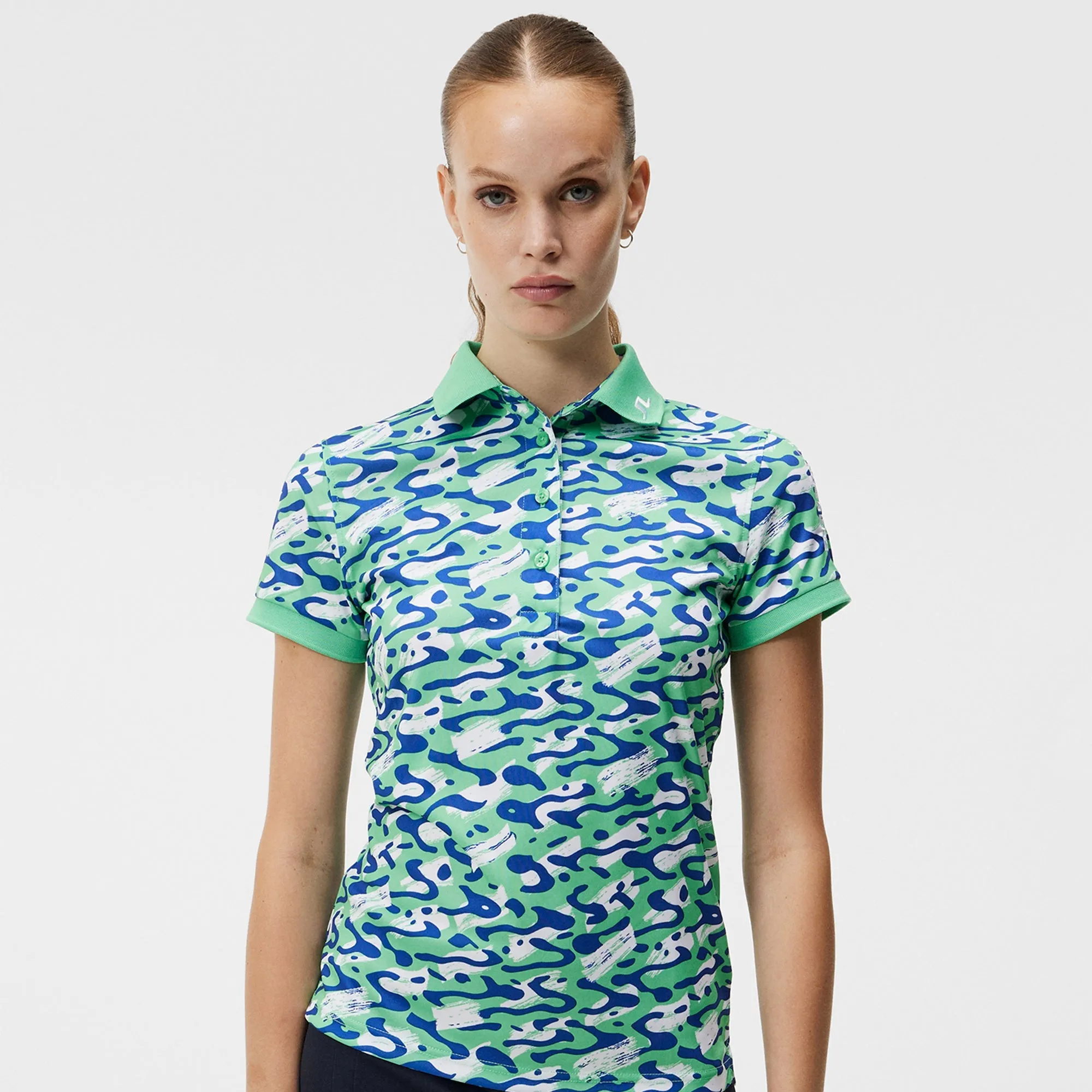 J Lindeberg Tour Tech Print Ladies Golf Polo Shirt Caldera Jade Cream