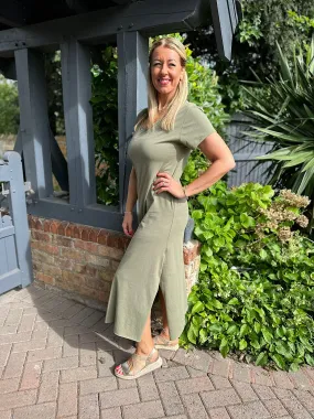 Khaki V Neck Longline T-Shirt Dress Jess