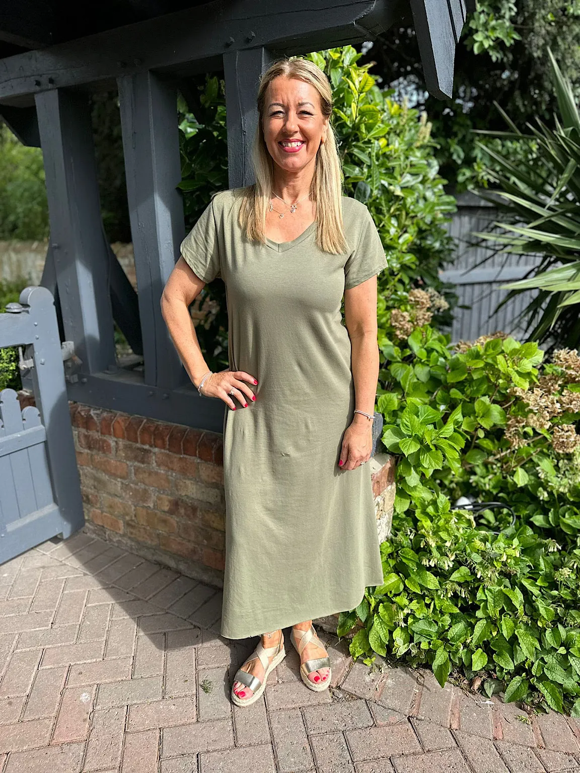 Khaki V Neck Longline T-Shirt Dress Jess