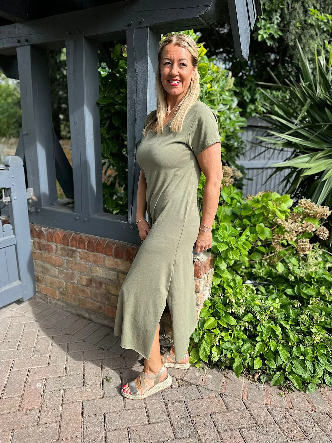 Khaki V Neck Longline T-Shirt Dress Jess