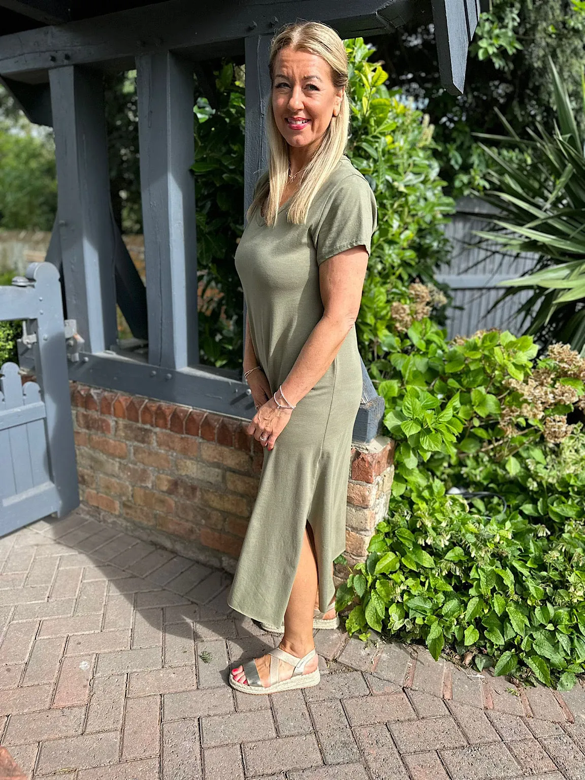 Khaki V Neck Longline T-Shirt Dress Jess