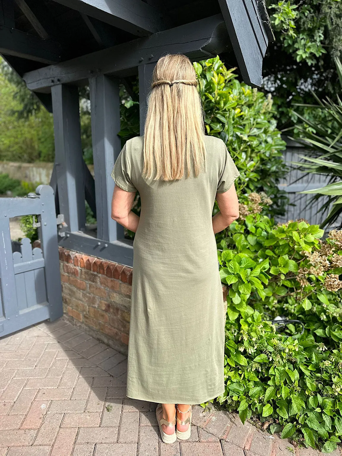 Khaki V Neck Longline T-Shirt Dress Jess