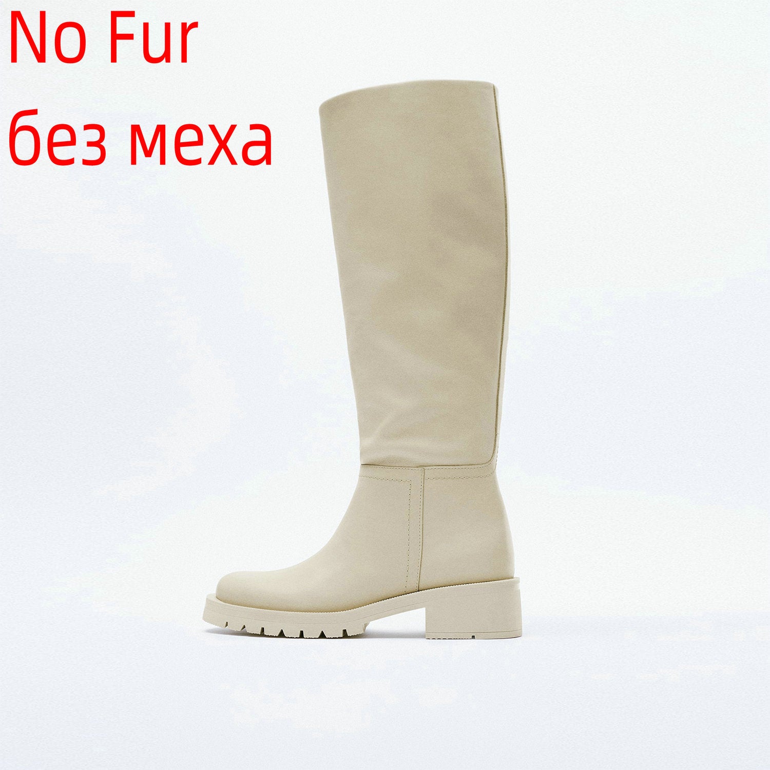 Knee High Boots Full Cow Leather Warm Flats Thick High Heels Motorcycle Boots Woman Lady Shoes 34-43