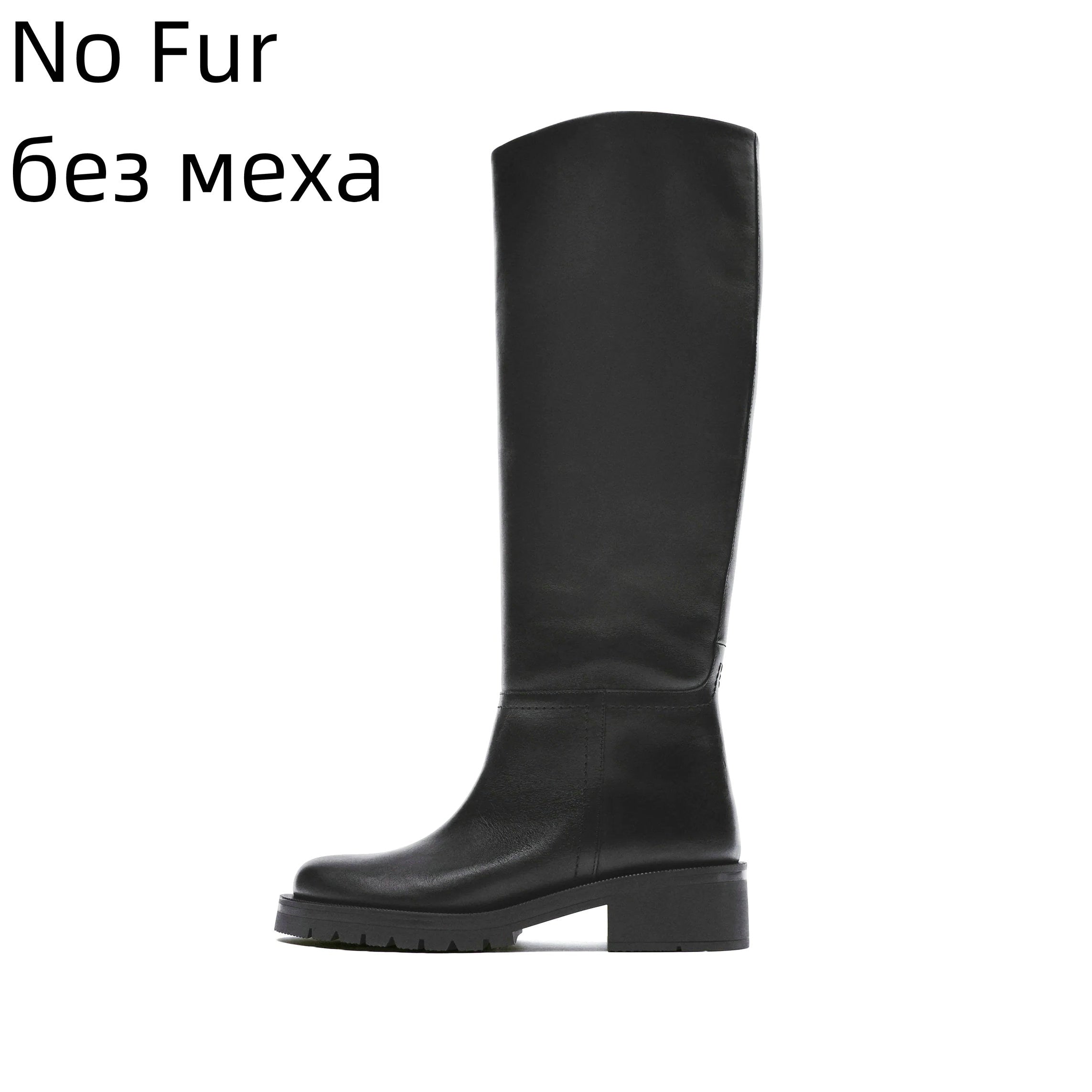 Knee High Boots Full Cow Leather Warm Flats Thick High Heels Motorcycle Boots Woman Lady Shoes 34-43