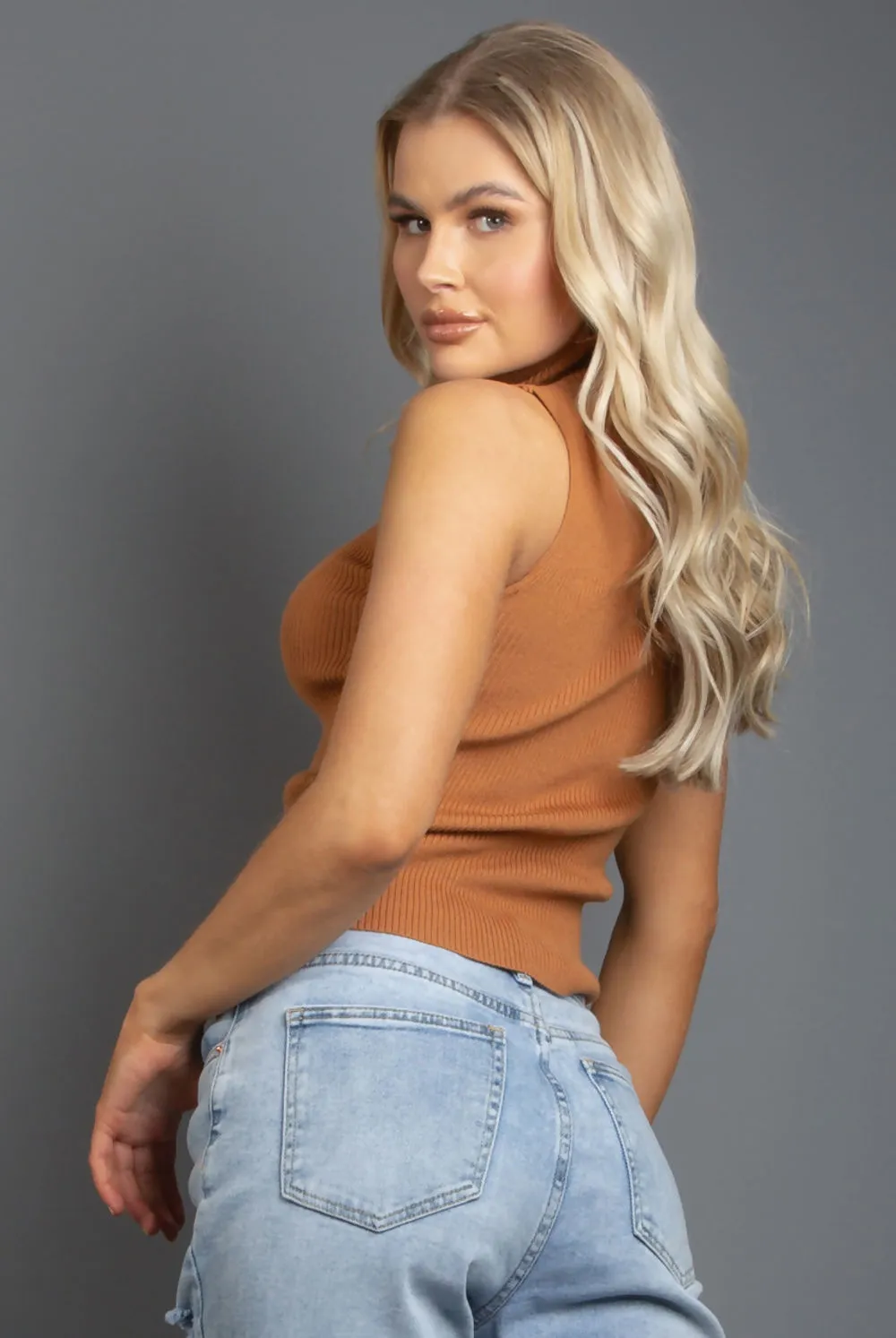 Light Brown Ribbed High Neck Crop Tops