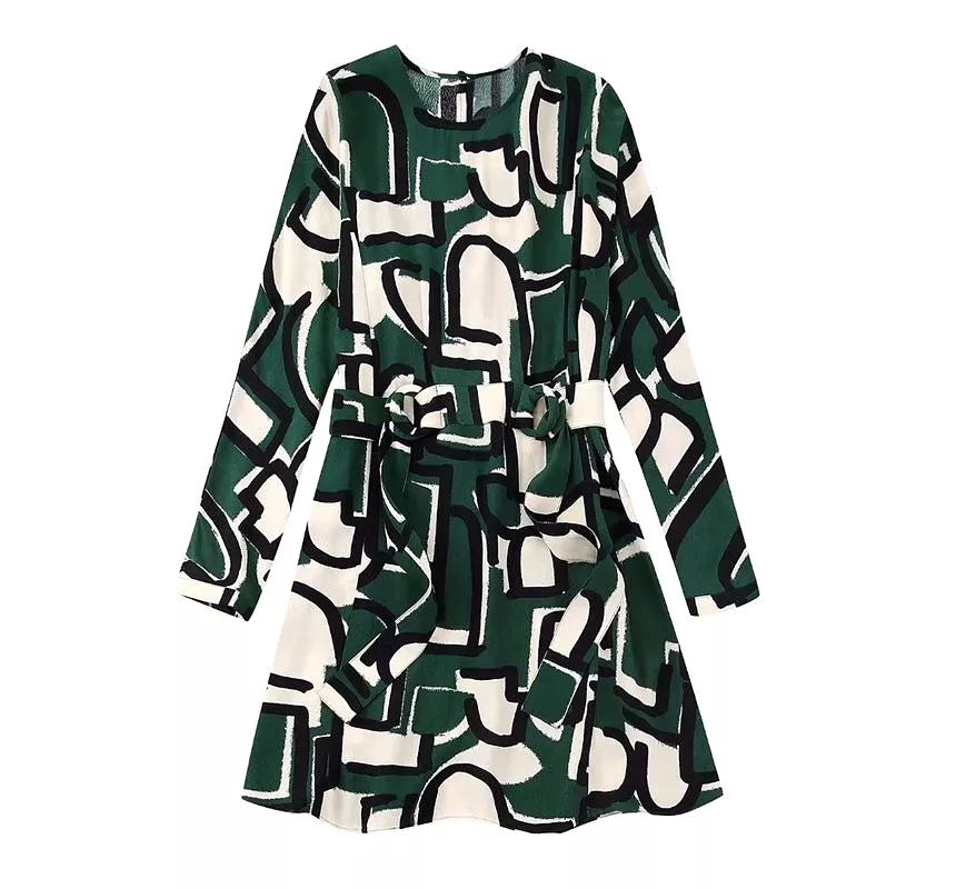 Long-Sleeve Crew Neck Patterned Tie-Waist Mini Smock Dress kk10