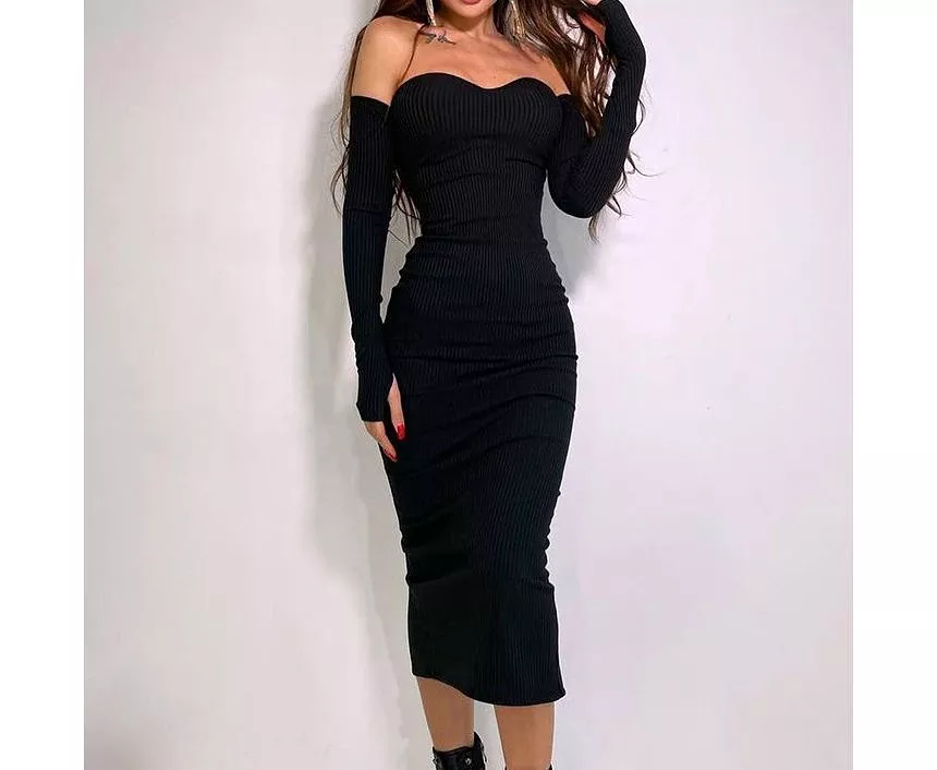 Long-Sleeve Off-Shoulder Plain Ribbed Knit Midi Sheath Dress kk2