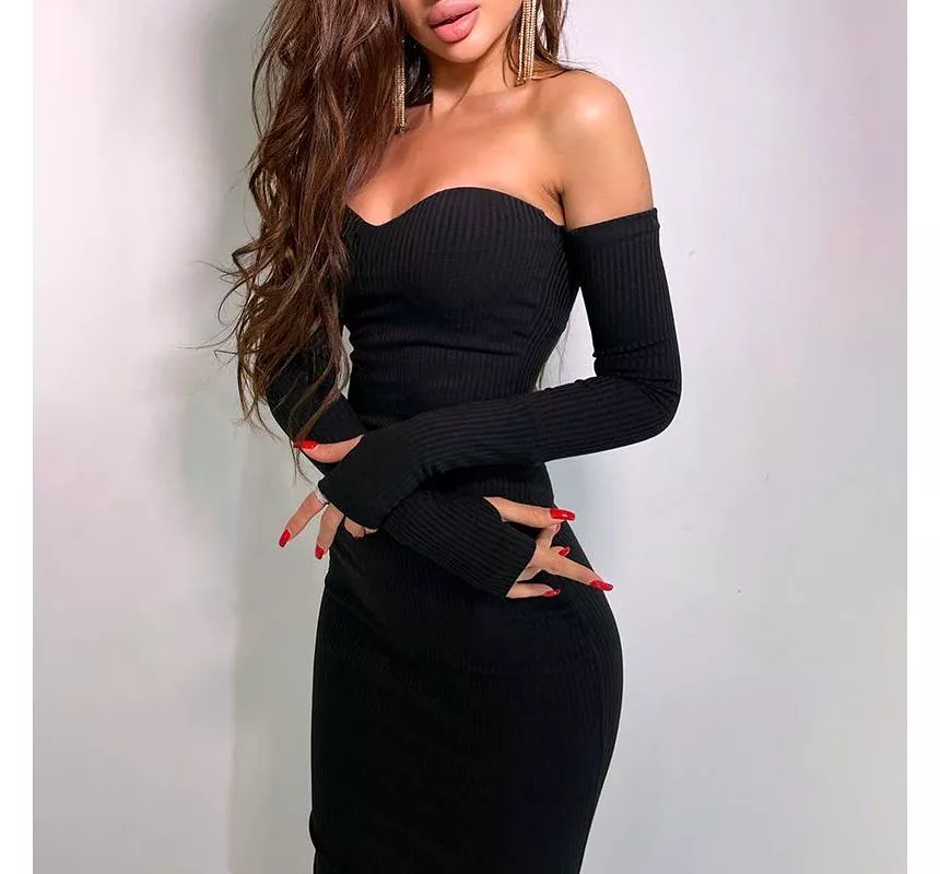 Long-Sleeve Off-Shoulder Plain Ribbed Knit Midi Sheath Dress kk2