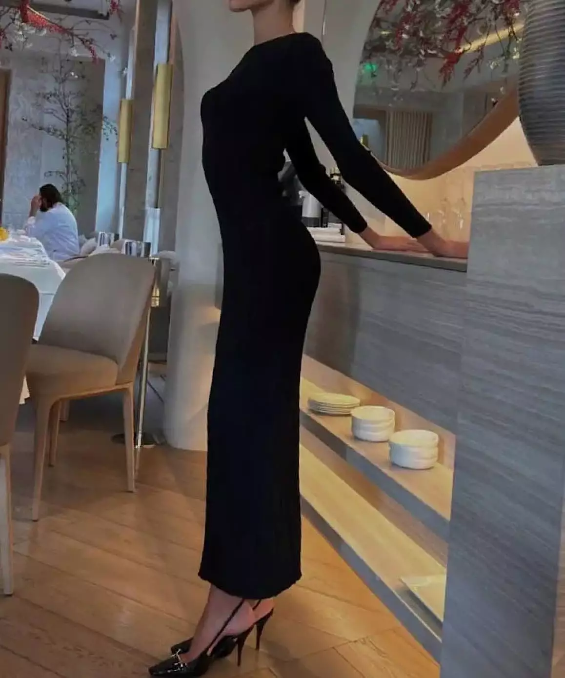 Long Sleeve Stripe Thin Knit Long Dress