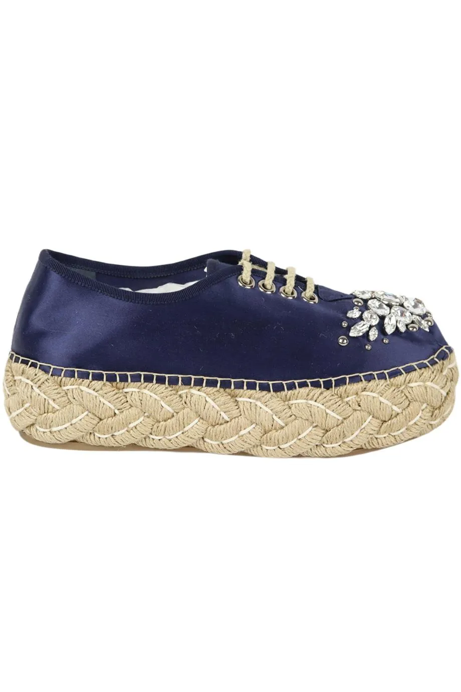 MIU MIU CRYSTAL EMBELLISHED SATIN PLATFORM ESPADRILLES EU 38.5 UK 5.5 US 8.5